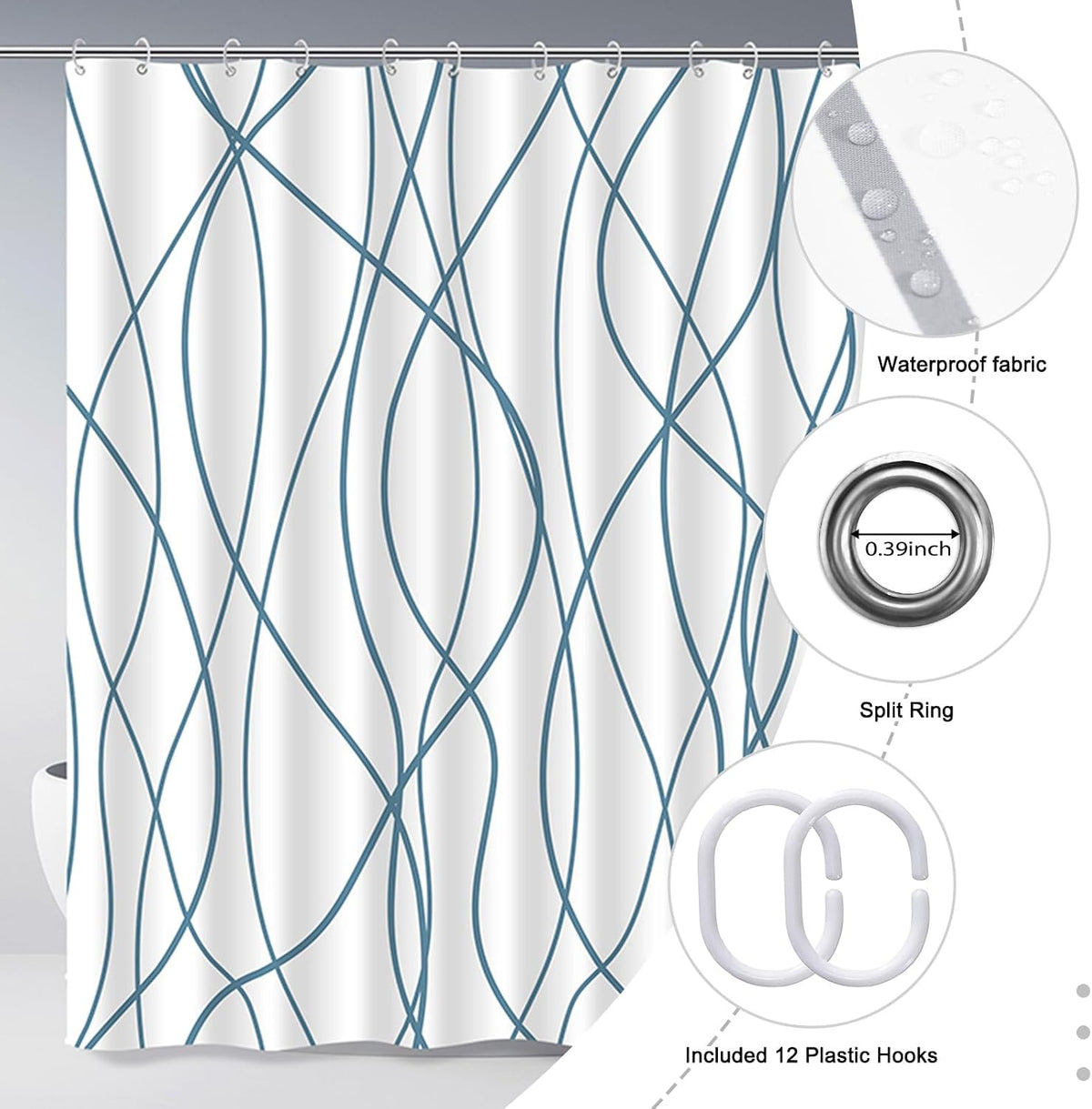 Striped Shower Curtain for Bathroom, Grey White, 72" W x 72" L