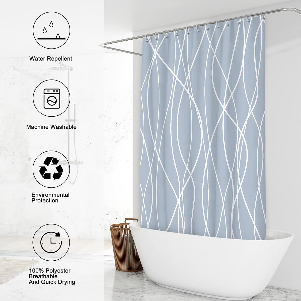 Striped Shower Curtain for Bathroom, Grey White, 72" W x 72" L