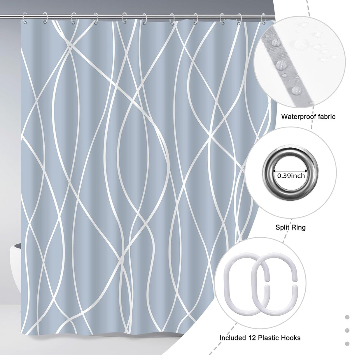Striped Shower Curtain for Bathroom, Grey White, 72" W x 72" L