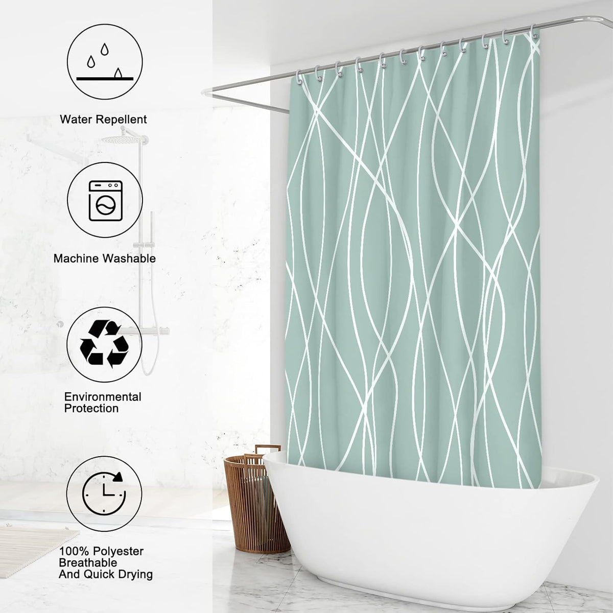 Striped Shower Curtain for Bathroom, Grey White, 72" W x 72" L