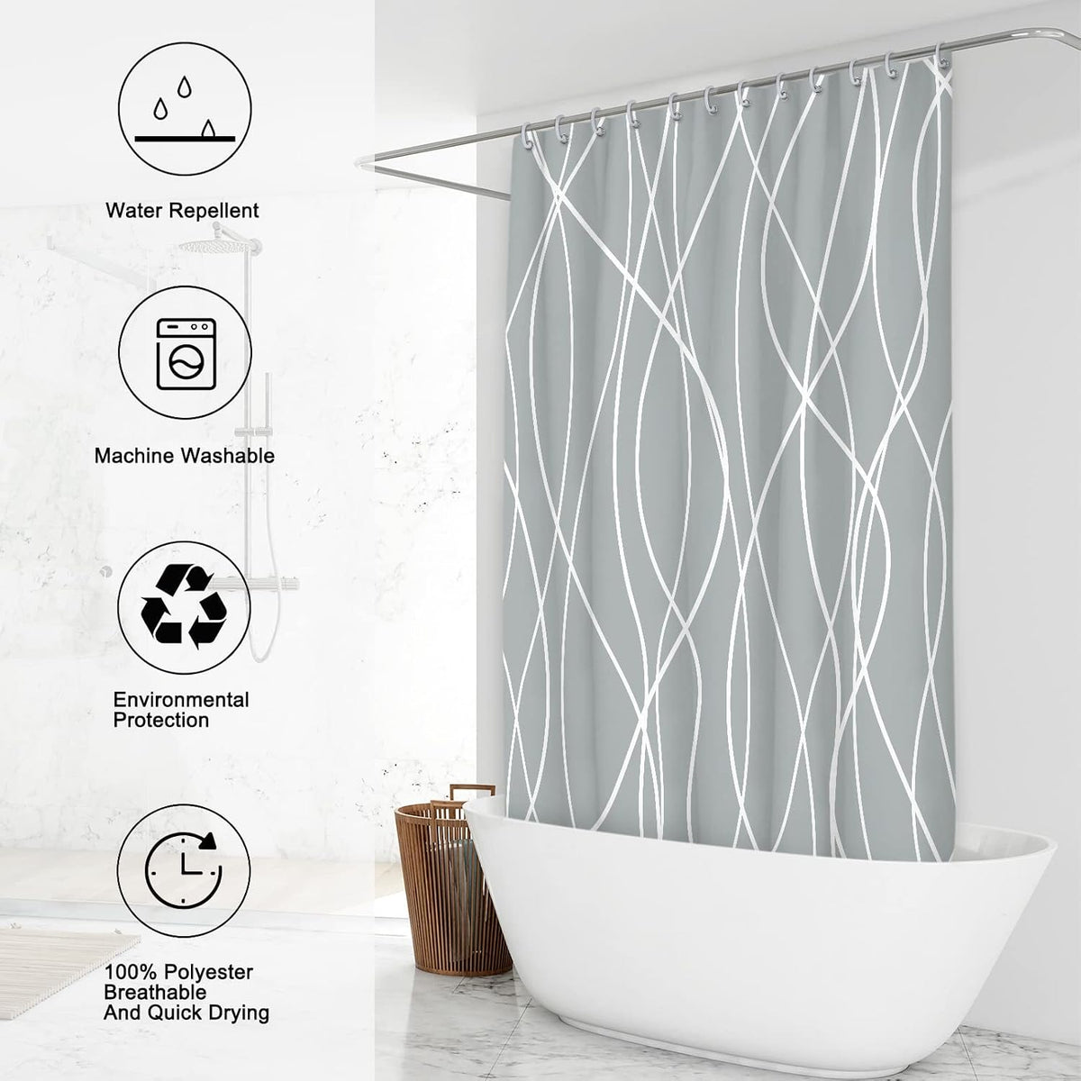 Striped Shower Curtain for Bathroom, Grey White, 72" W x 72" L