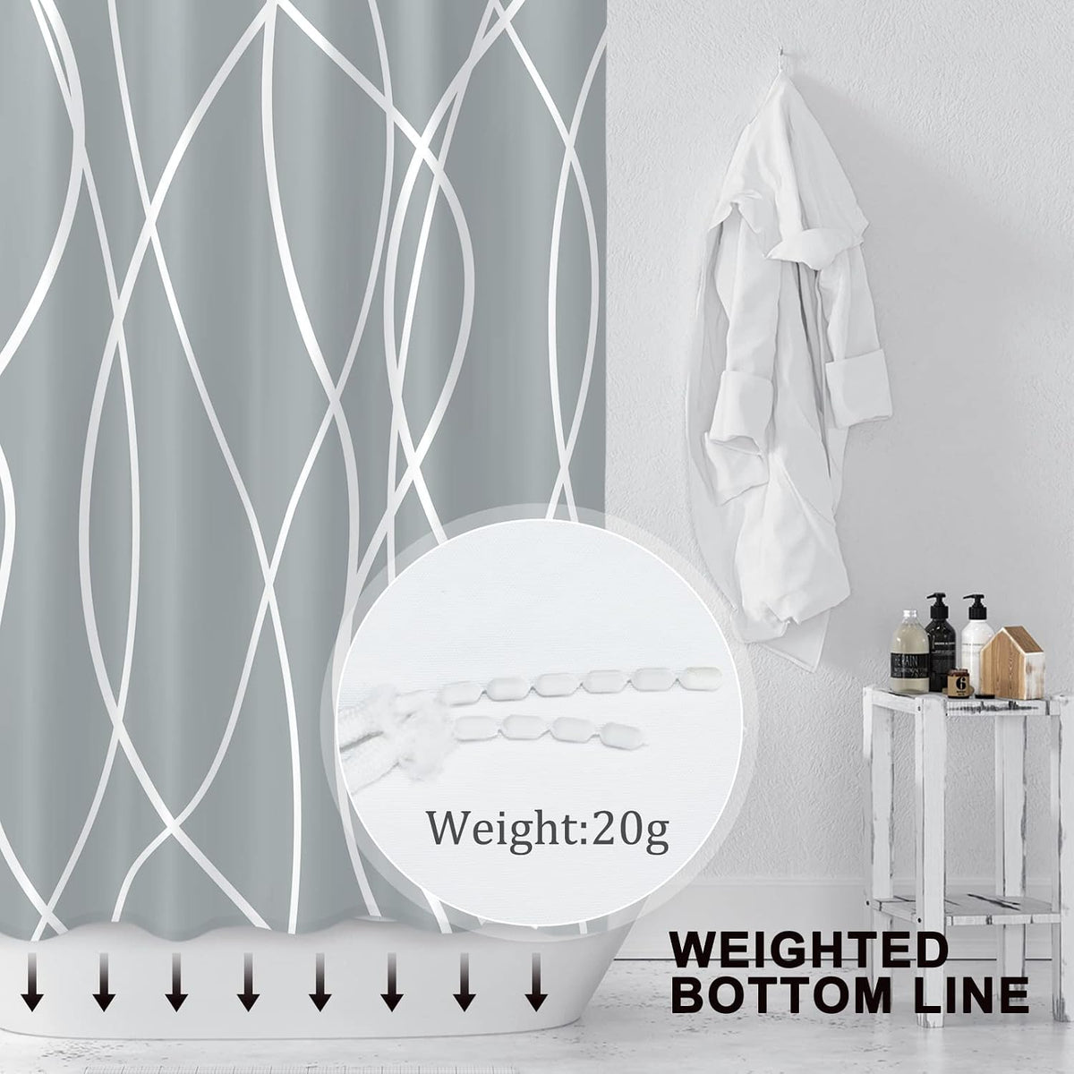Striped Shower Curtain for Bathroom, Grey White, 72" W x 72" L