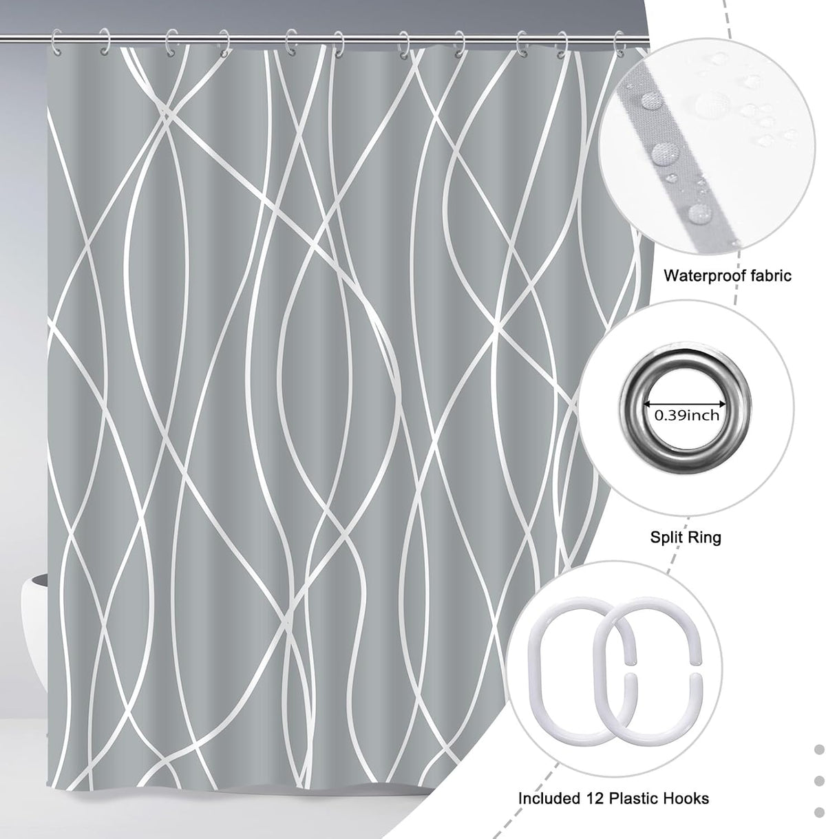 Striped Shower Curtain for Bathroom, Grey White, 72" W x 72" L