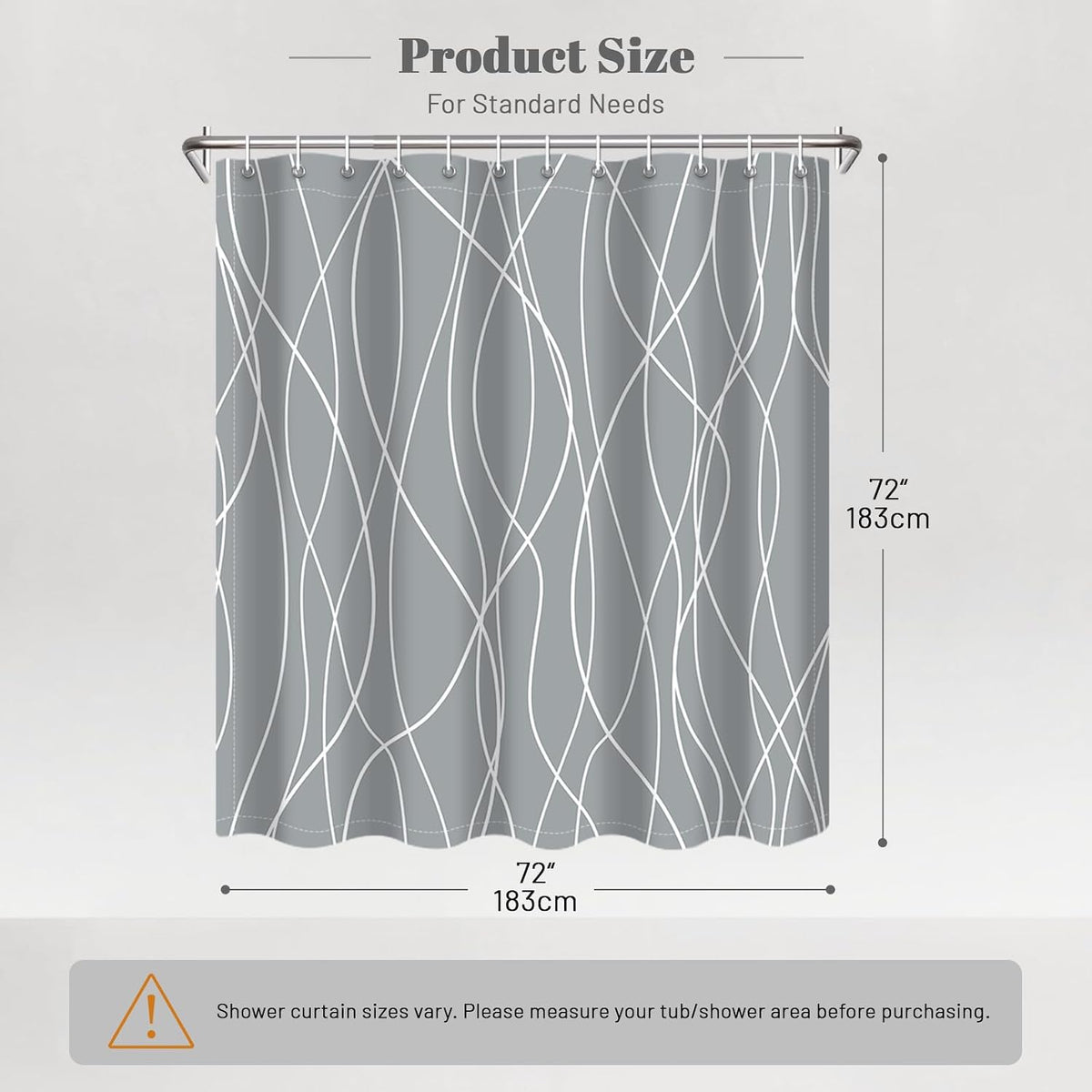 Striped Shower Curtain for Bathroom, Grey White, 72" W x 72" L