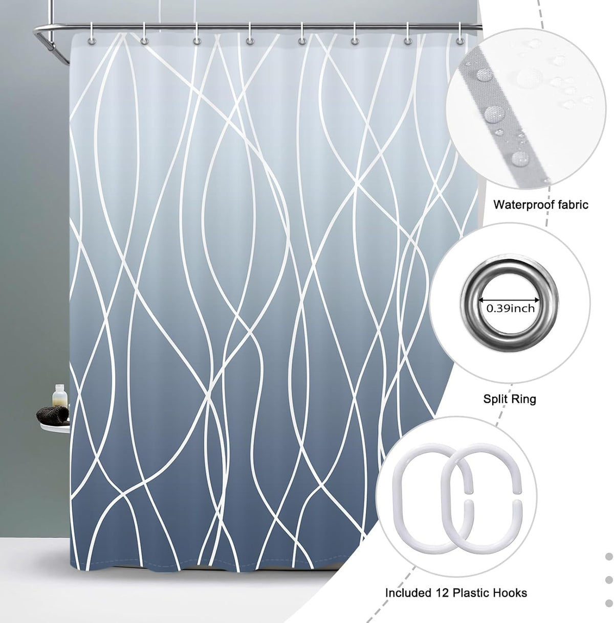 Striped Shower Curtain for Bathroom, Grey White, 72" W x 72" L