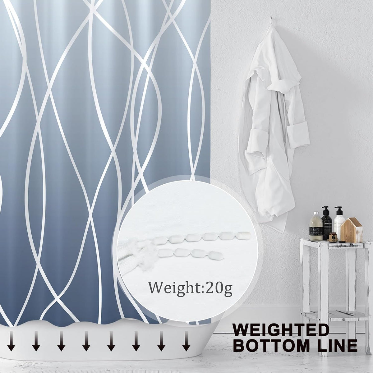 Striped Shower Curtain for Bathroom, Grey White, 72" W x 72" L
