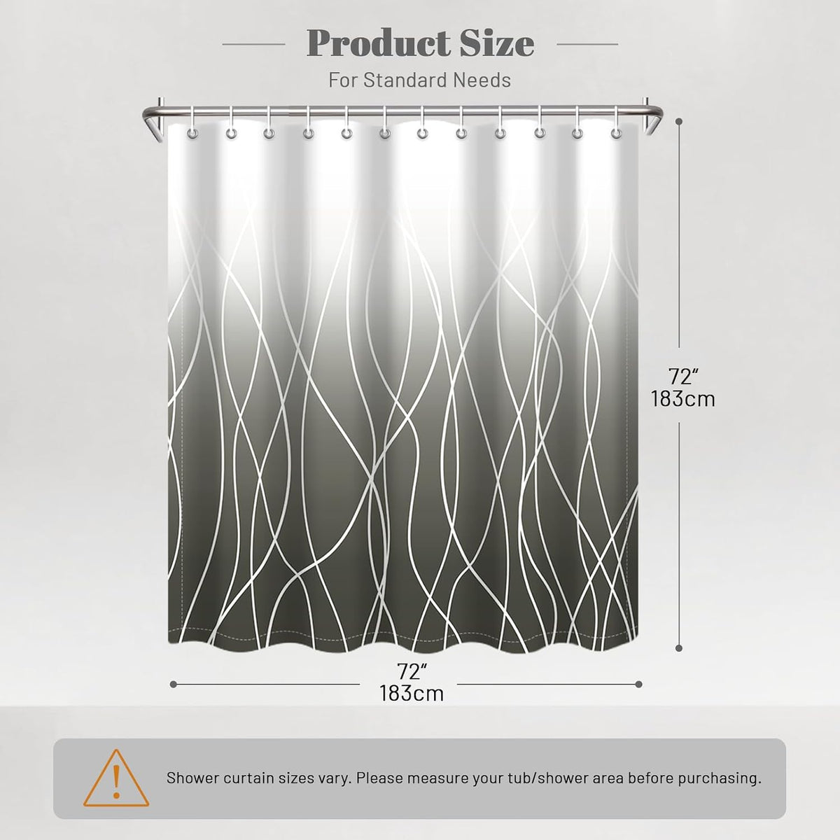 Striped Shower Curtain for Bathroom, Grey White, 72" W x 72" L