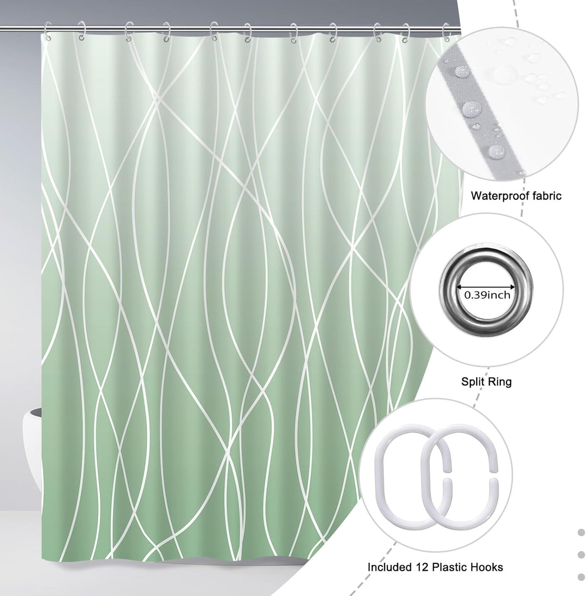 Striped Shower Curtain for Bathroom, Grey White, 72" W x 72" L