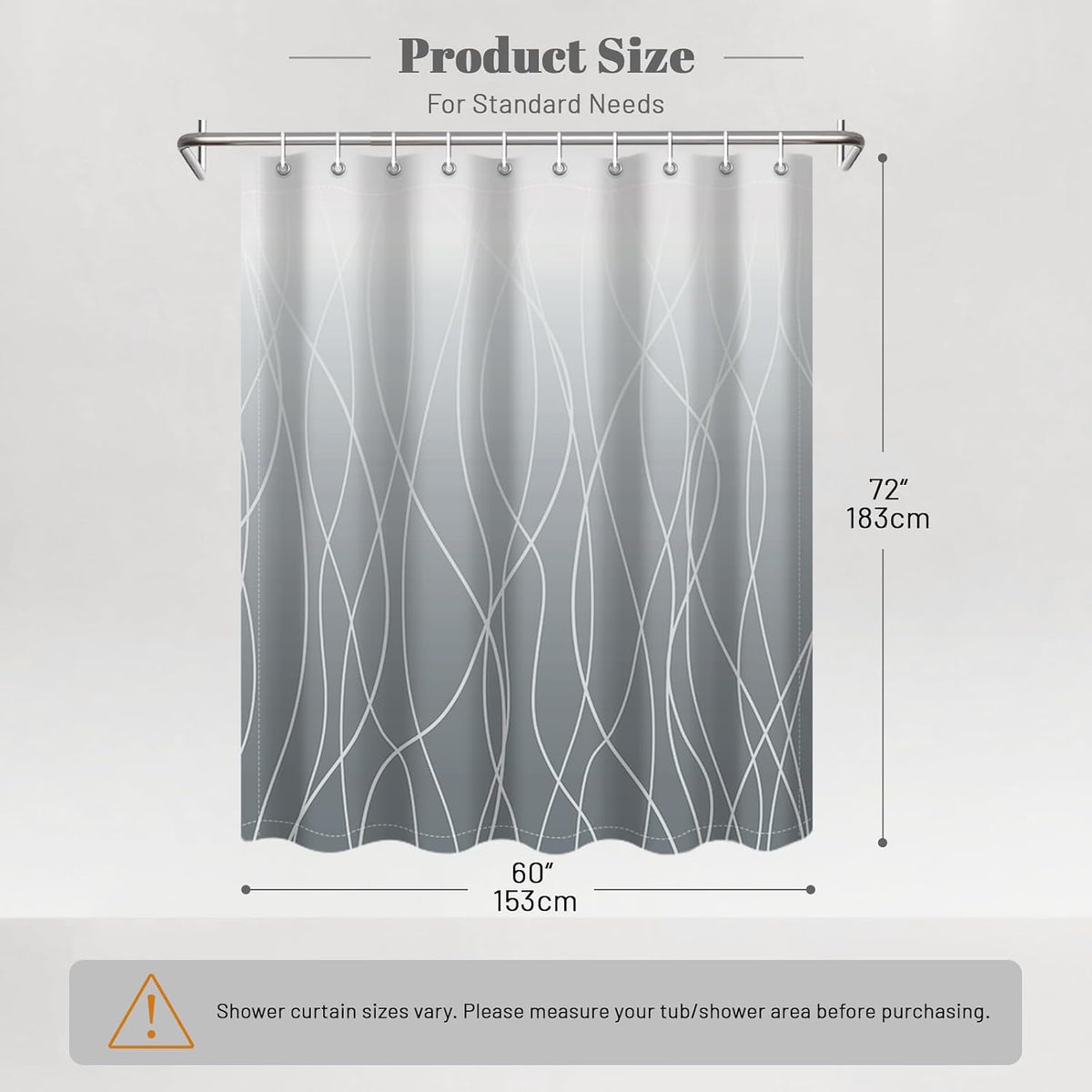 Striped Shower Curtain for Bathroom, Grey White, 72" W x 72" L