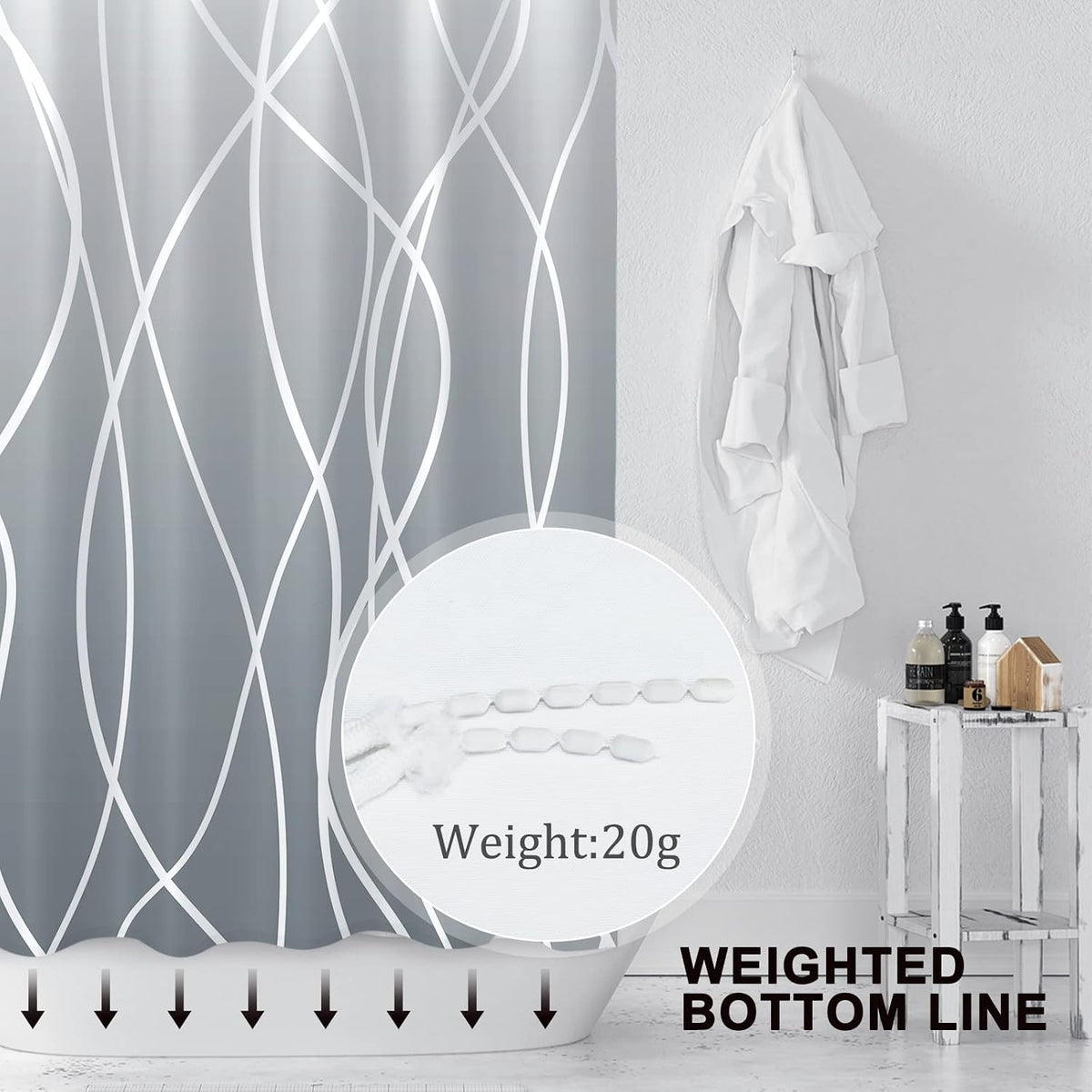 Striped Shower Curtain for Bathroom, Grey White, 72" W x 72" L