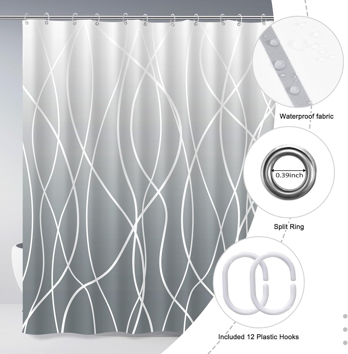 Striped Shower Curtain for Bathroom, Grey White, 72" W x 72" L