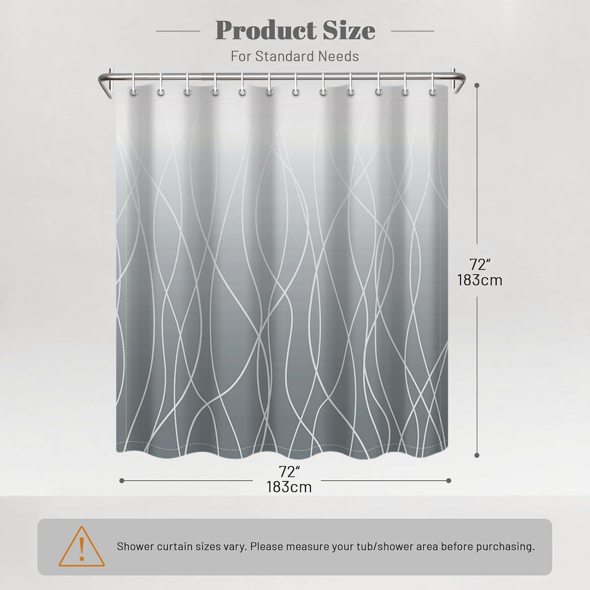 Striped Shower Curtain for Bathroom, Grey White, 72" W x 72" L