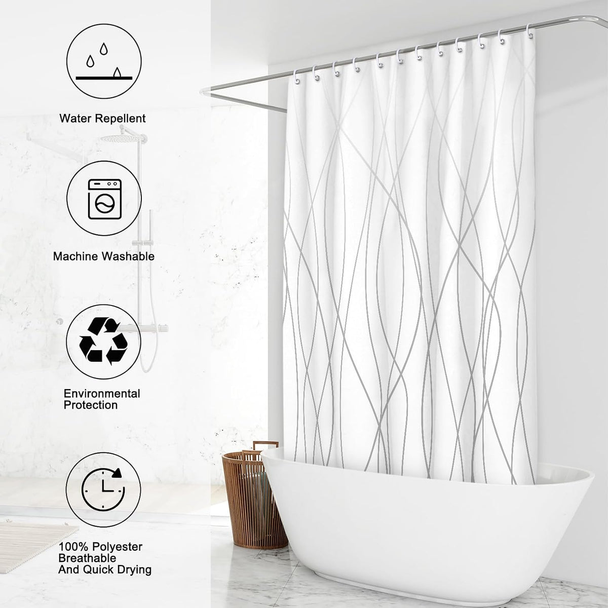 Striped Shower Curtain for Bathroom, Grey White, 72" W x 72" L
