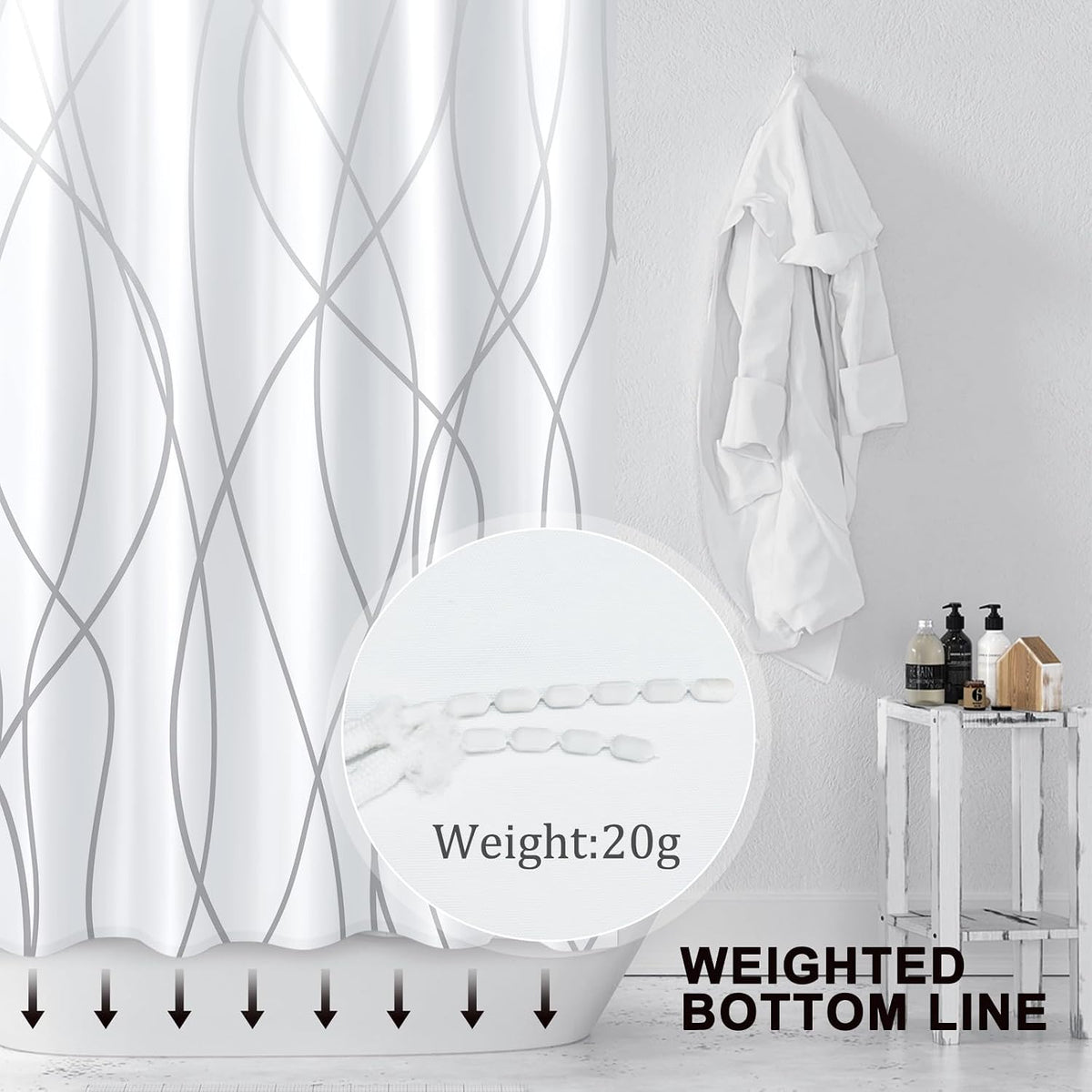 Striped Shower Curtain for Bathroom, Grey White, 72" W x 72" L