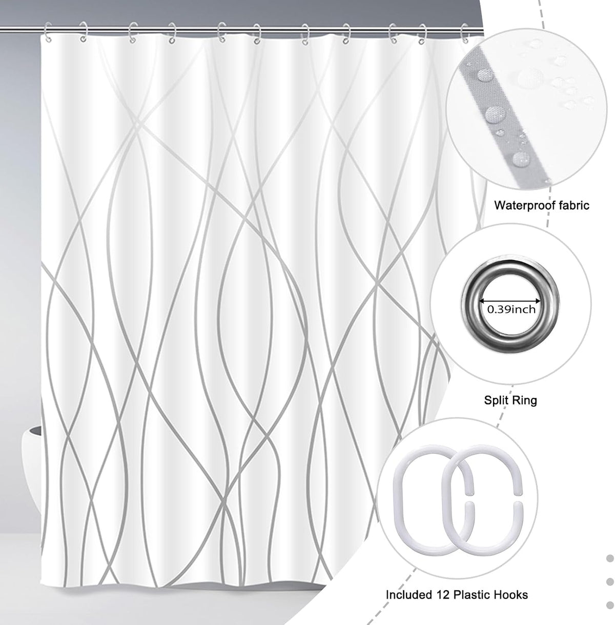Striped Shower Curtain for Bathroom, Grey White, 72" W x 72" L