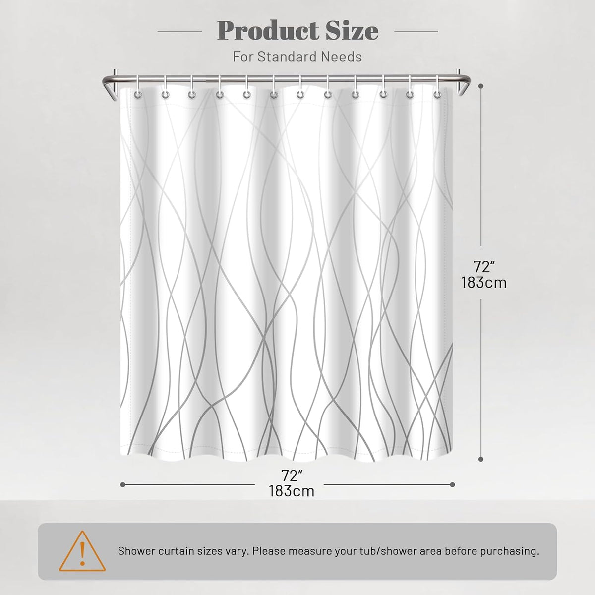 Striped Shower Curtain for Bathroom, Grey White, 72" W x 72" L