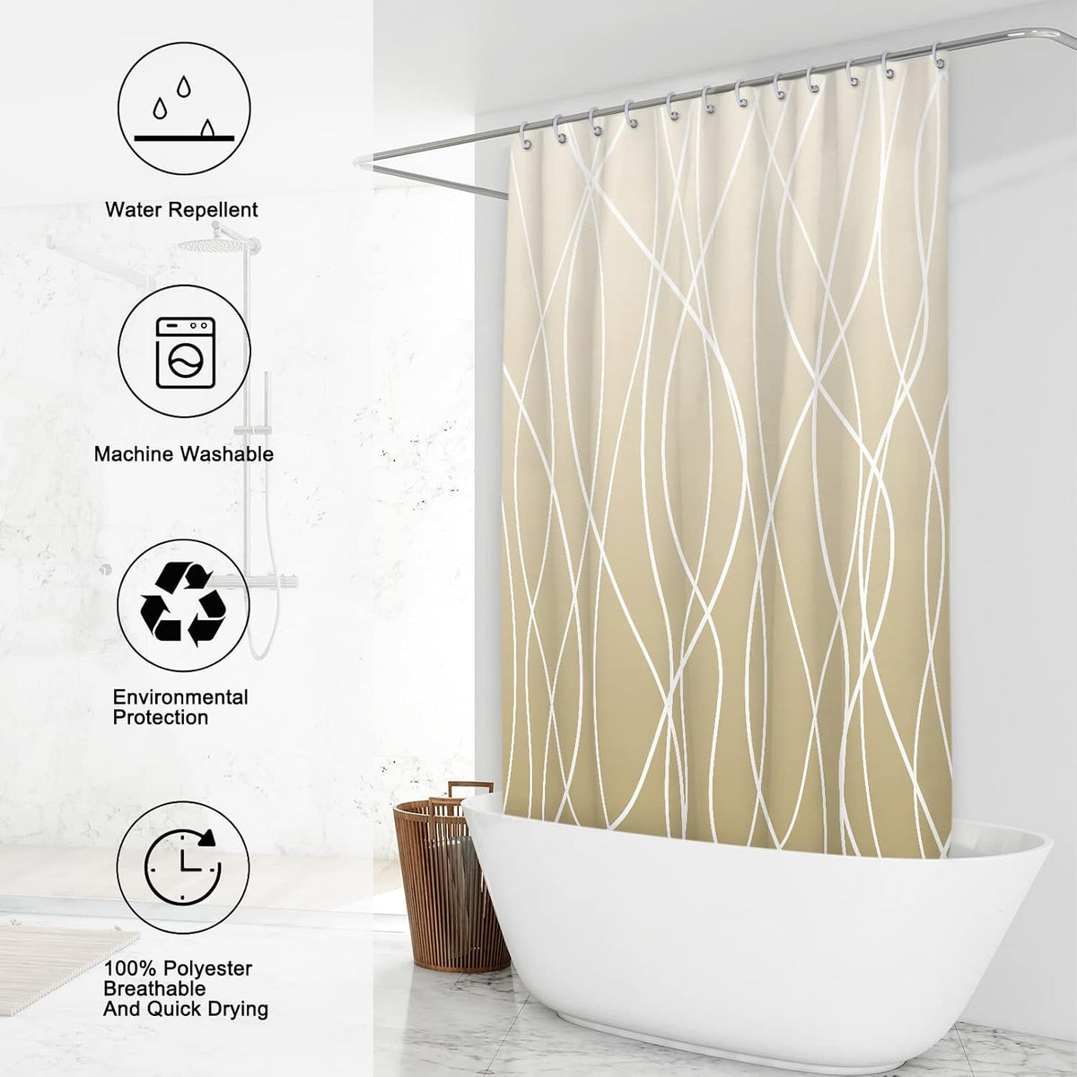 Striped Shower Curtain for Bathroom, Grey White, 72" W x 72" L