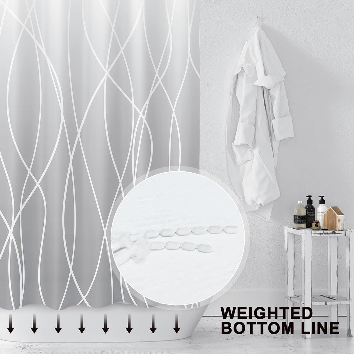 Striped Shower Curtain for Bathroom, Grey White, 72" W x 72" L