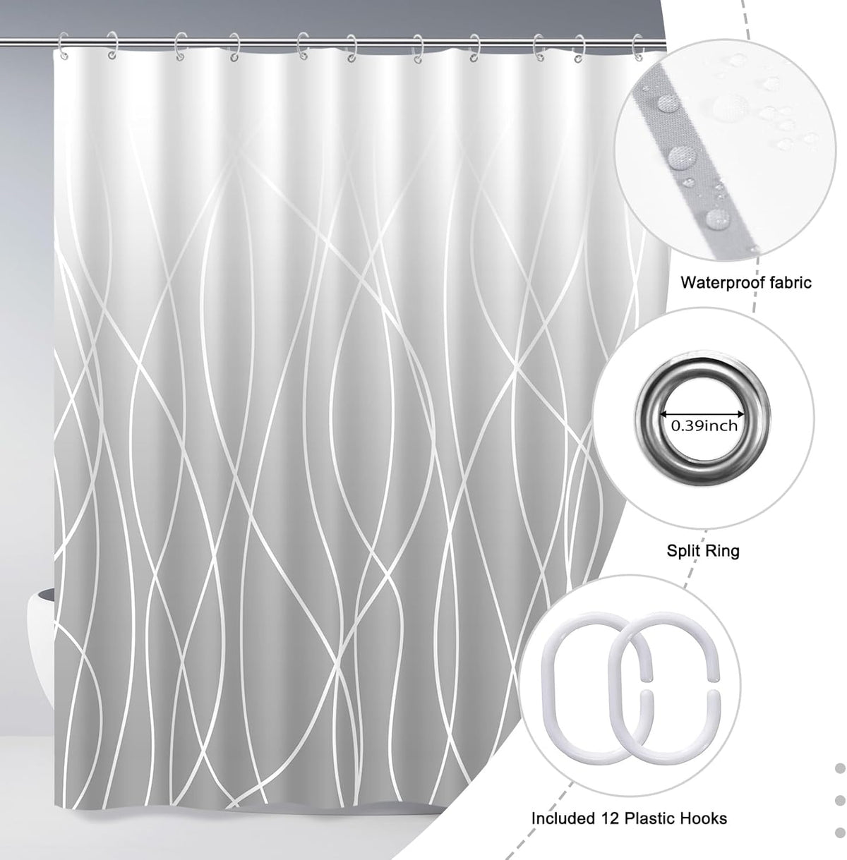 Striped Shower Curtain for Bathroom, Grey White, 72" W x 72" L