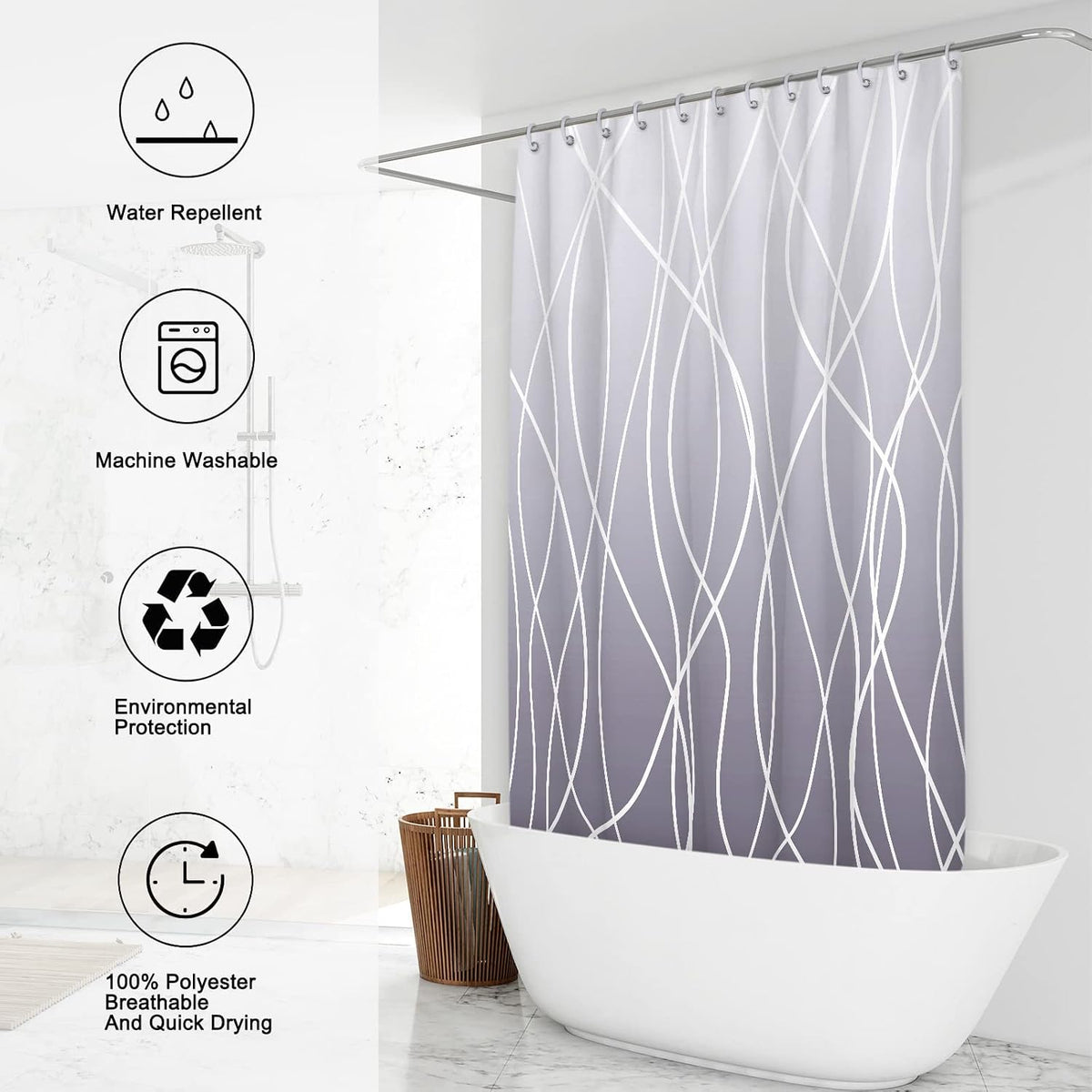 Striped Shower Curtain for Bathroom, Grey White, 72" W x 72" L
