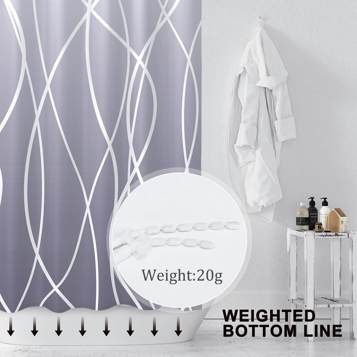 Striped Shower Curtain for Bathroom, Grey White, 72" W x 72" L