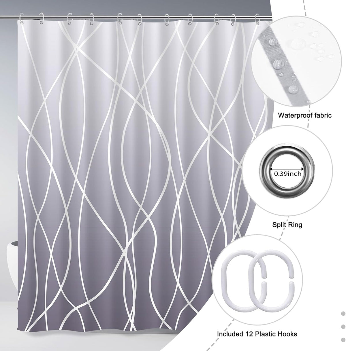 Striped Shower Curtain for Bathroom, Grey White, 72" W x 72" L