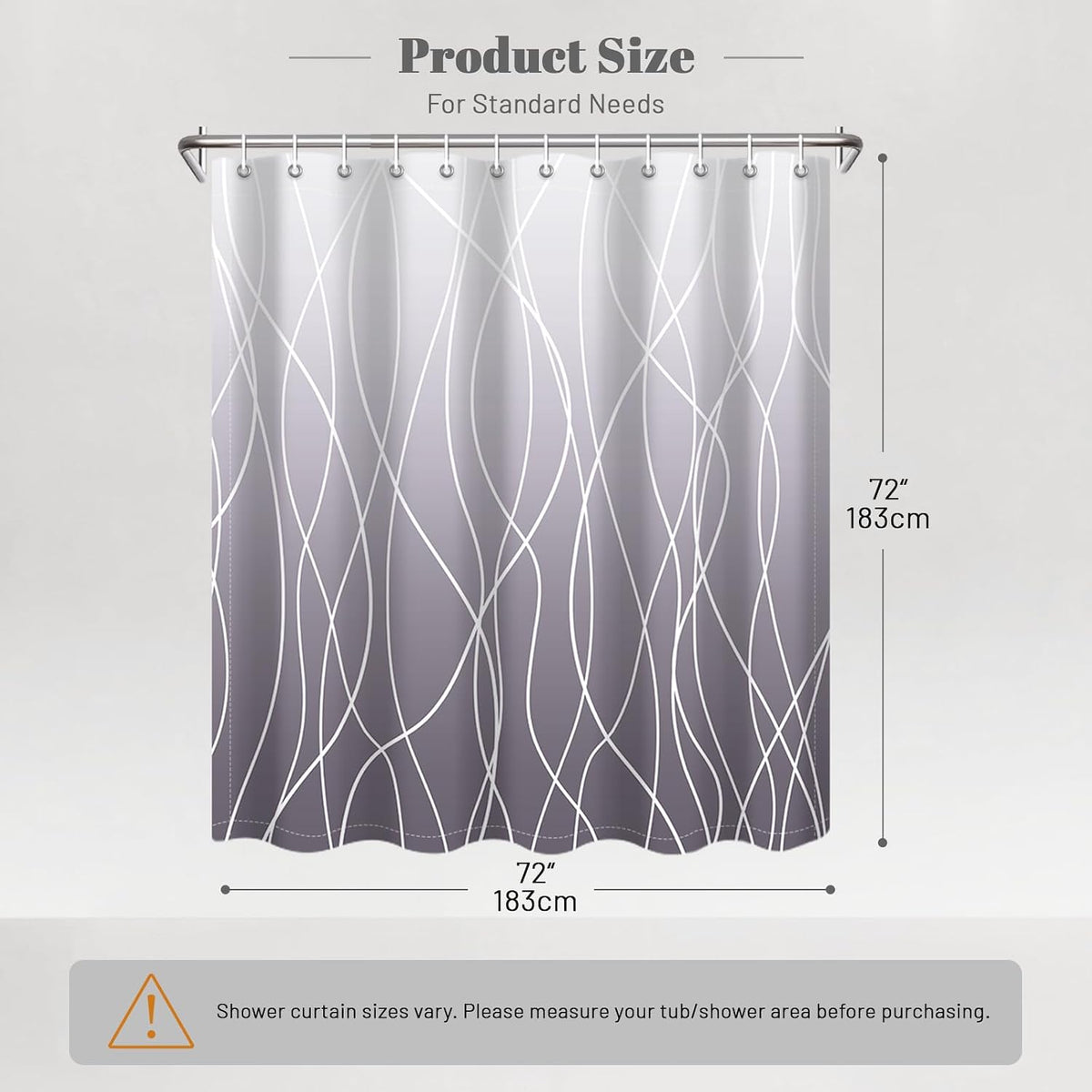Striped Shower Curtain for Bathroom, Grey White, 72" W x 72" L