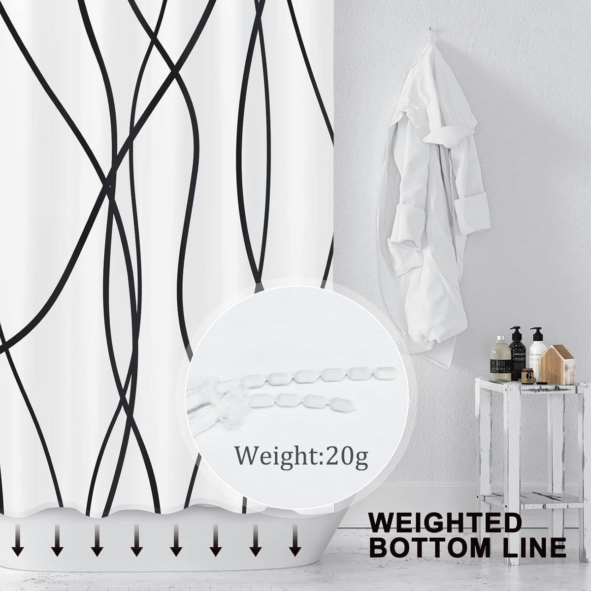 Striped Shower Curtain for Bathroom, Grey White, 72" W x 72" L