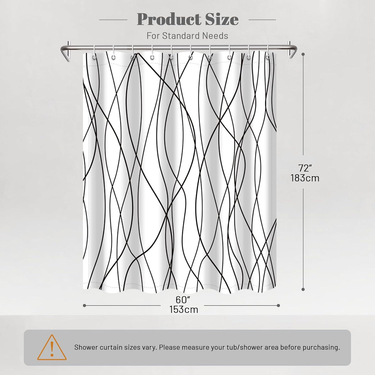 Striped Shower Curtain for Bathroom, Grey White, 72" W x 72" L