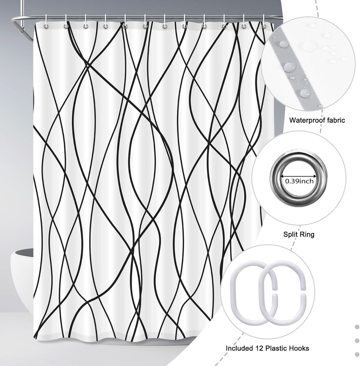 Striped Shower Curtain for Bathroom, Grey White, 72" W x 72" L