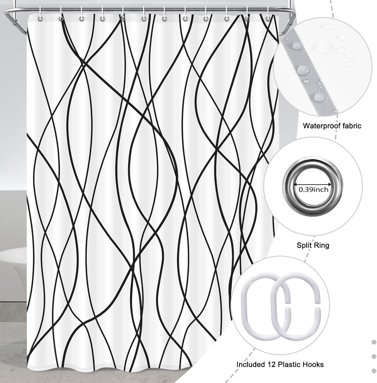 Striped Shower Curtain for Bathroom, Grey White, 72" W x 72" L