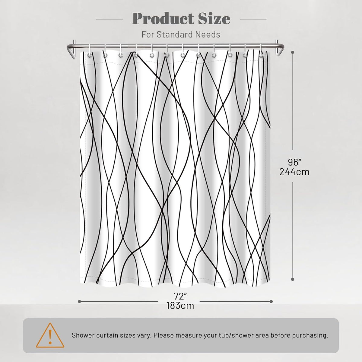 Striped Shower Curtain for Bathroom, Grey White, 72" W x 72" L