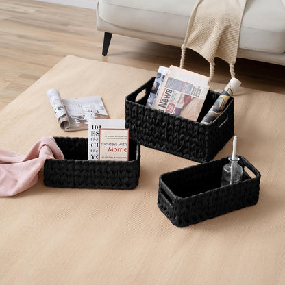 Storage Baskets for Shelves, Waterproof Basket for Organizing | Small Woven Storage Baskets for Shelf, Rattan Basket for Organizing, Wicker Basket Set, 3-Pack Small Waterproof Baskets