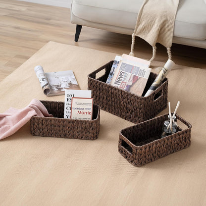 Storage Baskets for Shelves, Waterproof Basket for Organizing | Small Woven Storage Baskets for Shelf, Rattan Basket for Organizing, Wicker Basket Set, 3-Pack Small Waterproof Baskets