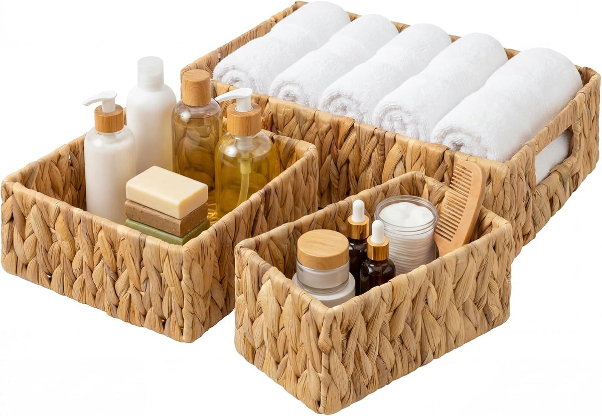 Storage Baskets for Shelves, Waterproof Basket for Organizing | Small Woven Storage Baskets for Shelf, Rattan Basket for Organizing, Wicker Basket Set, 3-Pack Small Waterproof Baskets