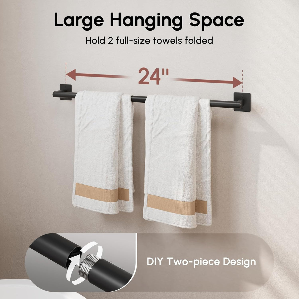 Brushed Nickel Towel Bar, 24 Inch Towel Racks for Bathroom | Heavy Duty Stainless Steel Towel Holder Wall Mounted, Easy Installation (Total Length 26 Inch)