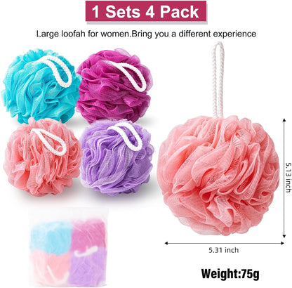 Loofah Sponge XXL-100g 4 Pack, Bath Sponge Soft Mesh Shower Puff Loofah for Men, Exfoliating Body Scrubber for Women, Shower Accessories (Black)