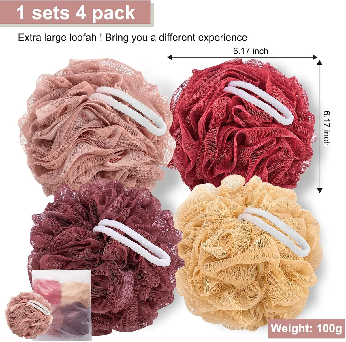 Loofah Sponge XXL-100g 4 Pack, Bath Sponge Soft Mesh Shower Puff Loofah for Men, Exfoliating Body Scrubber for Women, Shower Accessories (Black)