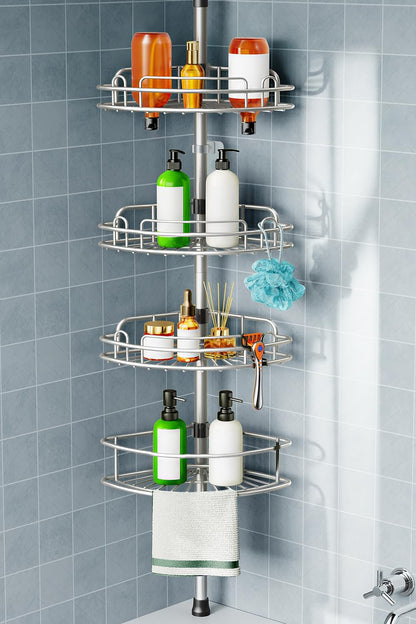 Shower Caddy Tension Pole: 4 Tier Corner Bathroom Organizer