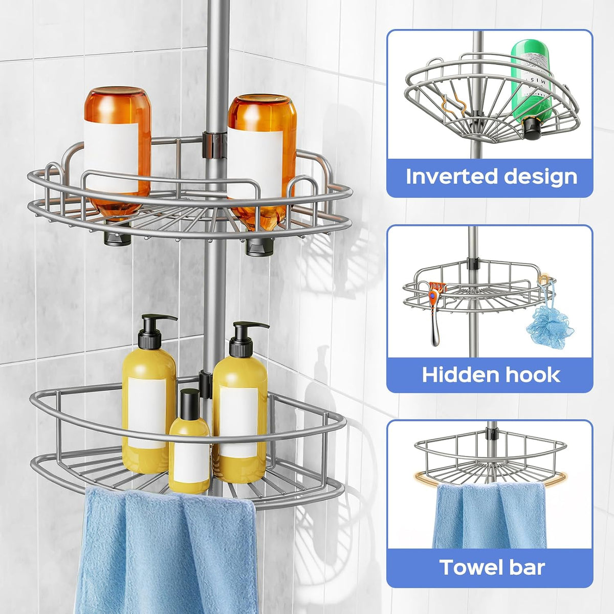 Shower Caddy Tension Pole: 4 Tier Corner Bathroom Organizer