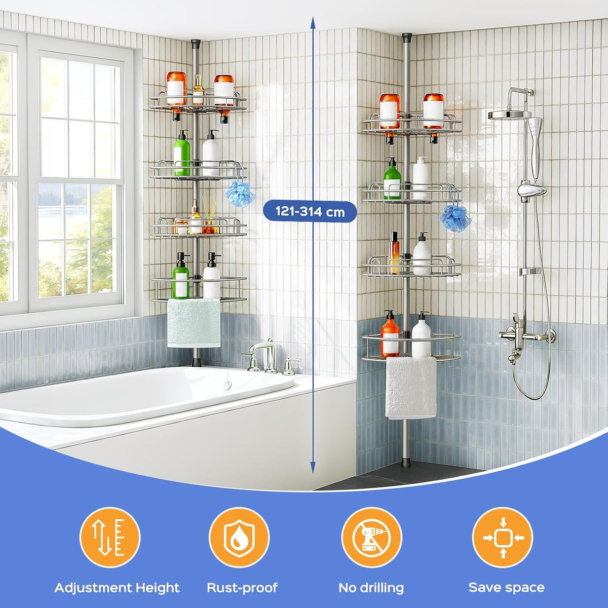 Shower Caddy Tension Pole: 4 Tier Corner Bathroom Organizer