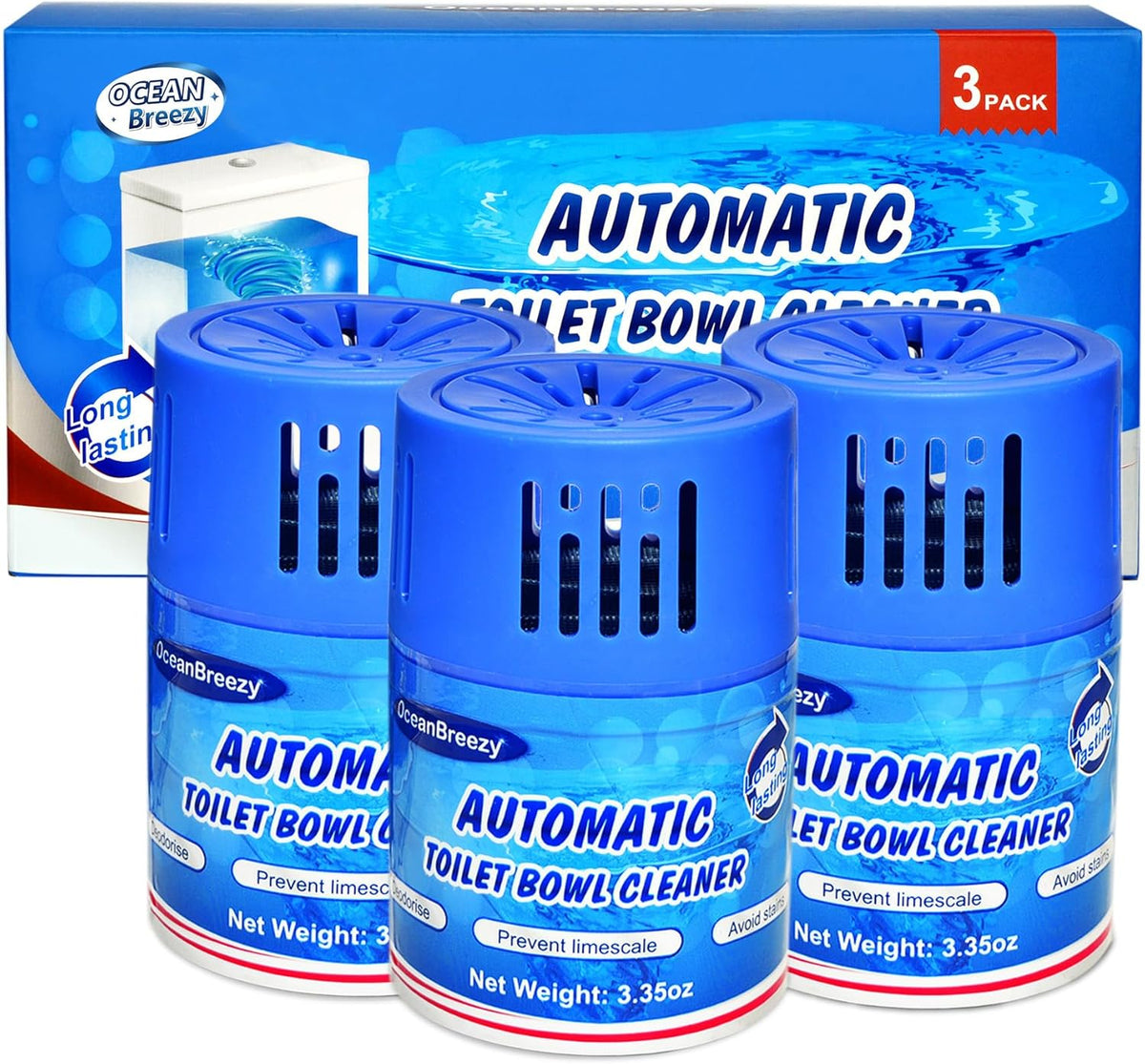 Automatic Toilet Bowl Cleaner Long Lasting Tank Bottles 3 Pack | Blue Gel Toilet Tank Cleaner, Long-Lasting Deodorizer, Septic Safe, 1-Bottle Lasts 3 Months, Prevent Stain Buil, Fresh Scent