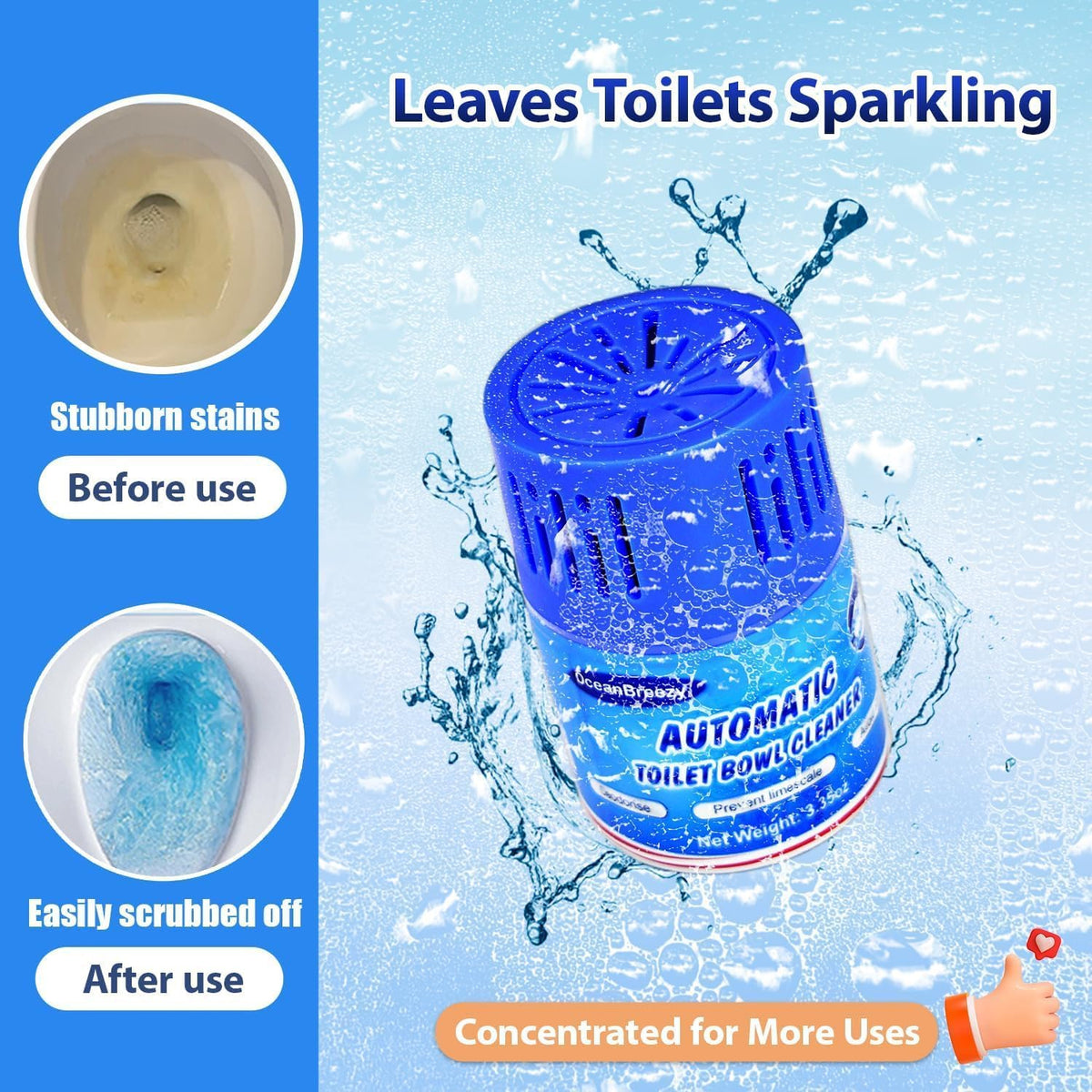 Automatic Toilet Bowl Cleaner Long Lasting Tank Bottles 3 Pack | Blue Gel Toilet Tank Cleaner, Long-Lasting Deodorizer, Septic Safe, 1-Bottle Lasts 3 Months, Prevent Stain Buil, Fresh Scent