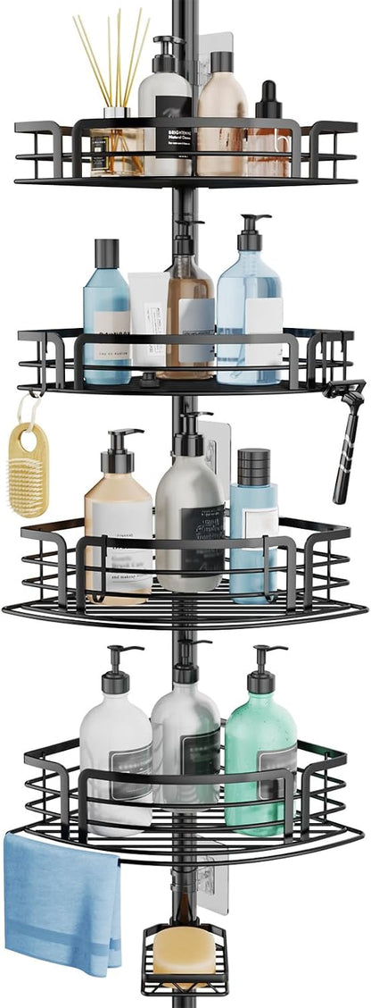 Corner Shower Caddy Tension Pole - Rustproof Shower Shelves with Towel Bar & Soap Holder, Adjustable Bath Organizer for Bathroom Storage, 27.6-108.3 inch, Black