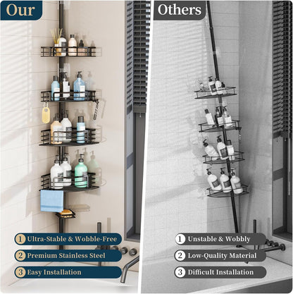Corner Shower Caddy Tension Pole - Rustproof Shower Shelves with Towel Bar & Soap Holder, Adjustable Bath Organizer for Bathroom Storage, 27.6-108.3 inch, Black