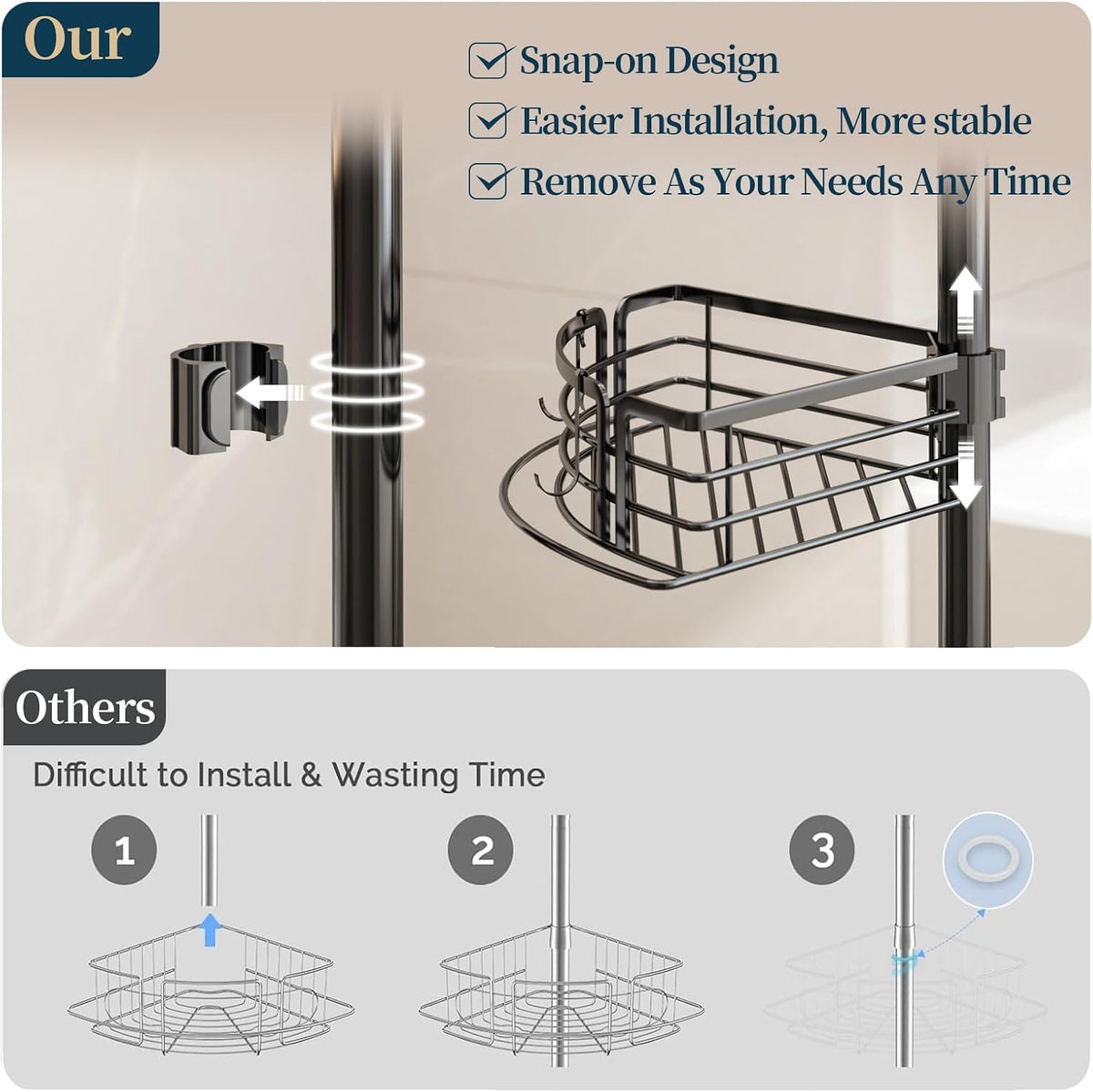 Corner Shower Caddy Tension Pole - Rustproof Shower Shelves with Towel Bar & Soap Holder, Adjustable Bath Organizer for Bathroom Storage, 27.6-108.3 inch, Black