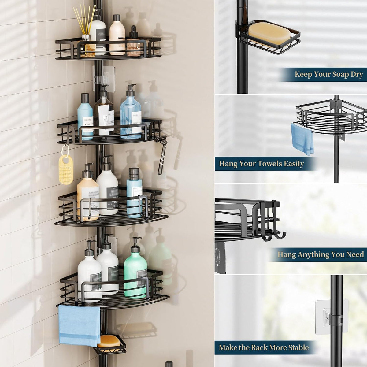 Corner Shower Caddy Tension Pole - Rustproof Shower Shelves with Towel Bar & Soap Holder, Adjustable Bath Organizer for Bathroom Storage, 27.6-108.3 inch, Black