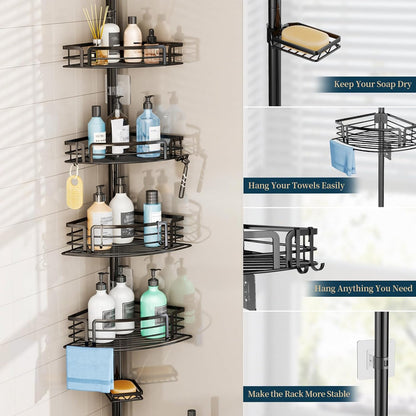 Corner Shower Caddy Tension Pole - Rustproof Shower Shelves with Towel Bar & Soap Holder, Adjustable Bath Organizer for Bathroom Storage, 27.6-108.3 inch, Black