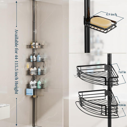 Corner Shower Caddy Tension Pole - Rustproof Shower Shelves with Towel Bar & Soap Holder, Adjustable Bath Organizer for Bathroom Storage, 27.6-108.3 inch, Black
