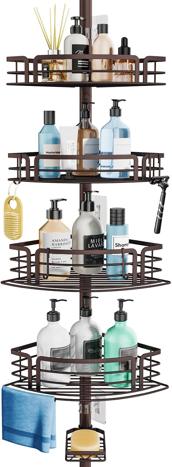 Corner Shower Caddy Tension Pole - Rustproof Shower Shelves with Towel Bar & Soap Holder, Adjustable Bath Organizer for Bathroom Storage, 27.6-108.3 inch, Black